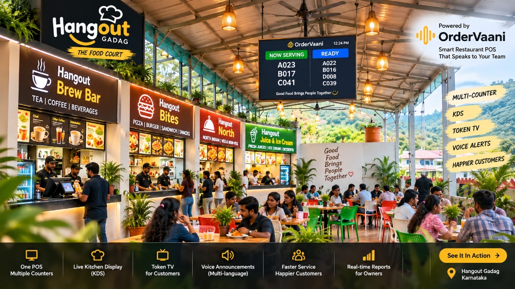 OrderVaani in action at Hangout Gadag food court showing overhead Token TV, multiple counters, and cashier POS