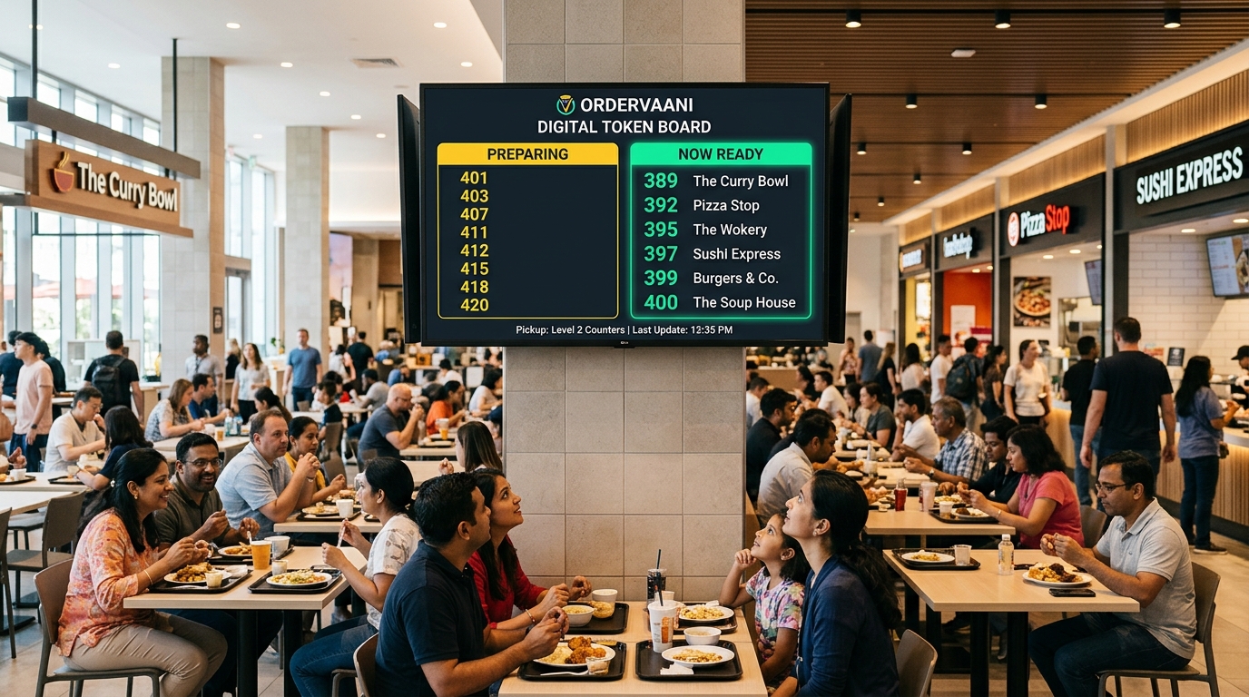 OrderVaani Smart TV Token Board in Food Court with Preparing and Ready Token Numbers