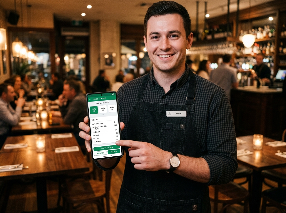 OrderVaani Waiter and Captain Mobile Ordering App running on smartphone at restaurant table